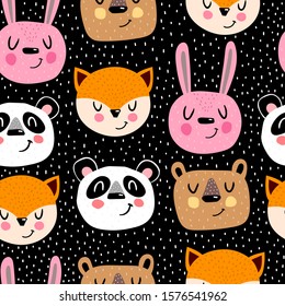 Seamless pattern with cute animals, decor elements on a neutral background. simple flat vector. Hand drawing for children. animal theme. baby design for fabric, textile, wrapper, print.