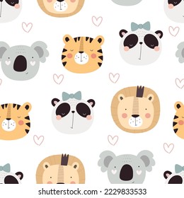 Seamless pattern with cute animals, decor elements. simple flat vector. Hand drawing for children. animal theme. baby design for fabric, textile, wrapper, print.