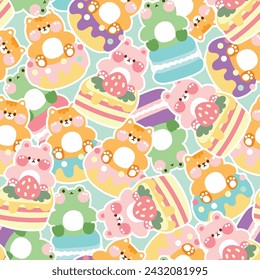 Seamless pattern of cute animals with dessert sticker background.Rabbit,cat,frog cartoon hand drawn.Donut,macaron,cake.Baby clothing.Kawaii.Vector.illustration.