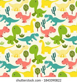 Seamless pattern with cute animals, Dinosaur seamless pattern with tree
