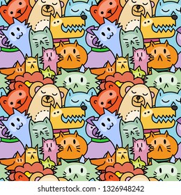 Seamless pattern with cute animals. Dogs, Cats, lion. Vector illustration
