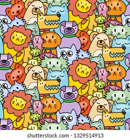 Seamless pattern with cute animals. Dogs, Cats, lion. Vector illustration