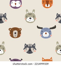 Seamless pattern with cute animals in doodle style. Vector illustration in boho colors for textile design and nursery