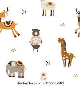 Seamless pattern with cute animals. Drawn by hand. Doodle cartoon animals for children's posters, postcards, children's t-shirts. Vector illustration. Bear, giraffe, llama, deer, elephant.