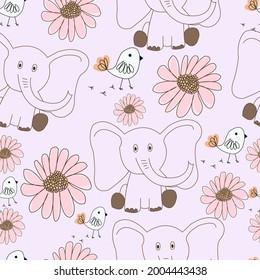 Seamless pattern, Cute animals with elephant, bird and flower isolated on pale pink background.