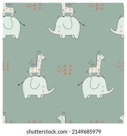 Seamless pattern with cute animals: elephant , giraffe, bird. Hand drawn vector illustration