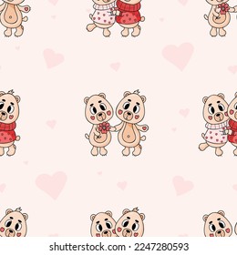 Patrón sin foco con animales lindos. Osos enamorados con fondo rosado y corazones. Ilustración vectorial. Fondo romántico interminable para valentinas, fondos de escritorio, embalaje, impresión, diseño