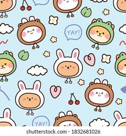 Seamless pattern of cute animals face on blue background.Rabbit,bear,dog cartoon hand drawn.Image for wallpaper,kid product,sticker,paper print.Vector.Illustration.