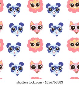 Seamless pattern with cute animals face image, Flat vector hand drawn childish illustration