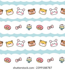 Seamless pattern of cute animals face with tiny icon background.Donut,bow,cake,cloud hand drawn.Shiba inu dog.Rabbit.Teddy bear.Kawaii.Vector.Illustration.Illustrator.