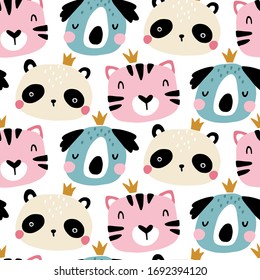 Seamless pattern with cute animals faces. Childish print for nursery in a Scandinavian style. For baby clothes, interior, packaging. Vector cartoon illustration in pastel colors.