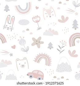 Seamless pattern and cute animals faces   childhood symbols  Childish print for nursery in Scandinavian style for baby clothes  interior  packaging  Vector cartoon illustration in pastel colors 