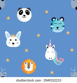 Seamless pattern with cute animals faces. Vector illustration