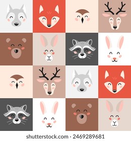 Seamless pattern with cute animals faces in cartoon flat style. Cute cartoon bear, fox, raccoon, deer, hedgehog, squirrel. Kids design for print, textile, wrapping paper, wallpaper, nursery. 