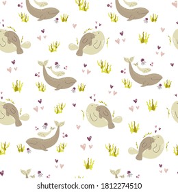 Seamless pattern with cute animals families wombat, bear, otter. Vector illustration for nursery designs, wrapping paper, clothing, fabric.