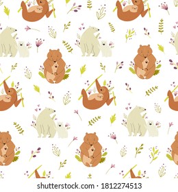 Seamless pattern with cute animals families polar and brown bears, sloth. Vector illustration for nursery designs, wrapping paper, clothing, fabric.