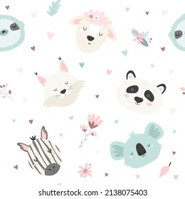 Seamless pattern with cute animals and floral elements. Vector illustration for baby prints, wallpaper, wrapping paper