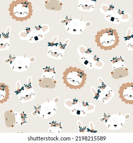 Seamless pattern with cute animals and floral decorations. Childish pastel print. Vector hand drawn illustration.