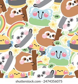 Seamless pattern of cute animals with flower and leaf sticker background.Panda teddy bear,sloth,elephant,bee hand drawn.Wild animal character cartoon design.Kawaii.Vector.Illustration.