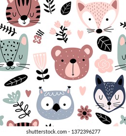 seamless pattern with cute animals and flowers in scandinavian style. Animal heads cartoon background for baby textile, wrapping paper, wallpaper in vector.