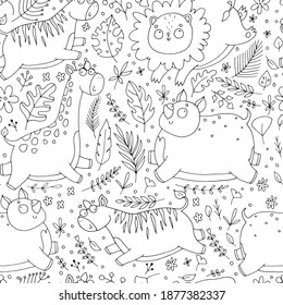 seamless pattern with cute animals, with flowers, with jungle, palm leaves, zebra, rhino, giraffe, lion, childrens doodle illustration