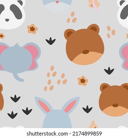 seamless pattern with cute animals and flowers. Animal heads cartoon background for baby textile, wrapping paper, background, wallpaper in vector.