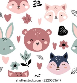 patrón impecable con animales y flores lindos. Fondo de caricatura de cabezas de animales para textil de bebé, papel de envoltura, papel pintado, tela y más.
