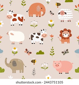 Seamless pattern with cute animals and flowers for your fabric, children textile, apparel, nursery decoration, gift wrap paper, baby's shirt. Vector illustration