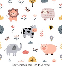 Seamless pattern with cute animals and flowers for your fabric, children textile, apparel, nursery decoration, gift wrap paper, baby's shirt. Vector illustration