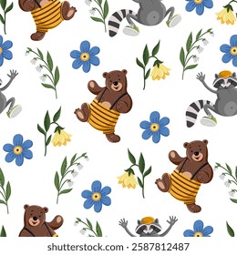 Seamless pattern with cute animals and flowers