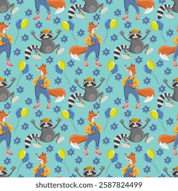 Seamless pattern with cute animals and flowers