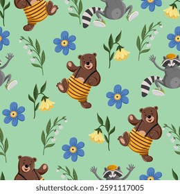 Seamless pattern with cute animals and flowers, including a bear and a raccoon. Vector illustration