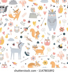 Seamless pattern with cute animals. Forest animals illustration, bear, deer, fox, rabbit, bird, hedgehog, squirrel, owl
