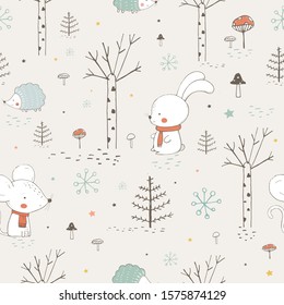 Seamless pattern with cute animals in the forest. Bunny, mouse and hedgehog