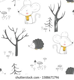 Seamless pattern with cute animals in the forest. Mouse and hedgehog.Hand drawn vector illustration.