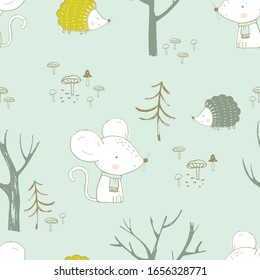 Seamless pattern with cute animals in the forest. Mouse and hedgehog.Hand drawn vector illustration.
