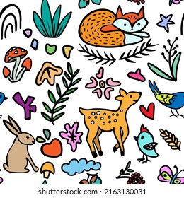 Seamless pattern with cute animals of the forest fox, hare, birds, flowers, mushrooms vector hand drawn doodle style print for children's textile, fabric, wallpaper, cover, packaging.