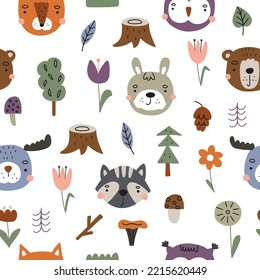 Seamless pattern with cute animals in the forest. Vector illustration in boho colors for textile design and nursery