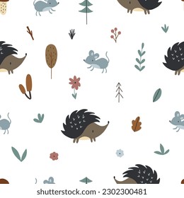 Seamless pattern with cute animals in the forest. Mouse and hedgehog.Hand drawn vector illustration.