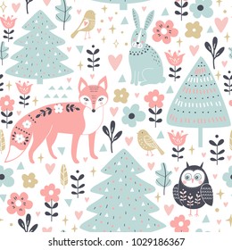 Seamless pattern with cute animals: fox, rabbit, owl. Vector illustration in cartoon style.