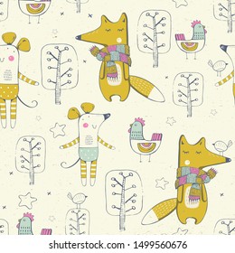 Seamless pattern with cute animals. Fox,hen,mouse.Hand drawn vector illustration,Can be used for baby t-shirt print,fashion print design,kids wear, baby shower celebration greeting and invitation card
