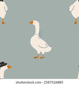 Seamless pattern with cute animals, geese on a colorful background background. Vector illustration for printing. Cute baby background. 