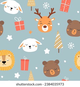 Seamless pattern with cute animals, gifts, snowflakes. Festive winter print. Vector graphics.