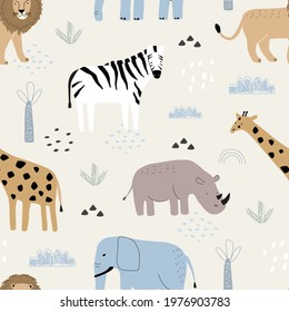 Seamless pattern with cute animals giraffe, lion, elephant, zebra and rhino, palm trees and clouds on a white background. Vector illustration for printing on fabric, packaging paper, postcard, poster