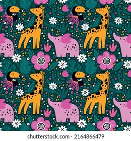 Seamless pattern with cute animals, giraffe,  palm green leaves, jungle exotic flowers. Creative abstract floral pattern for apparel, textile, fabric with plants and wild animals