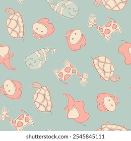 Seamless pattern with cute animals (giraffe, hippopotamus, elephant, turtle and whale). Vector illustration.