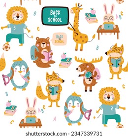 Seamless pattern cute animals go to school. Vector illustrations