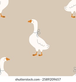 Seamless pattern with cute animals, goose on colored background background. Vector illustration for printing. Cute baby background