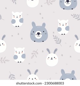 Seamless pattern with cute animals and hand drawn elements. Creative childish texture. Great for fabric, textile