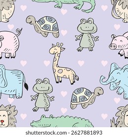 Seamless pattern with cute animals. Hand drawn vector illustration.